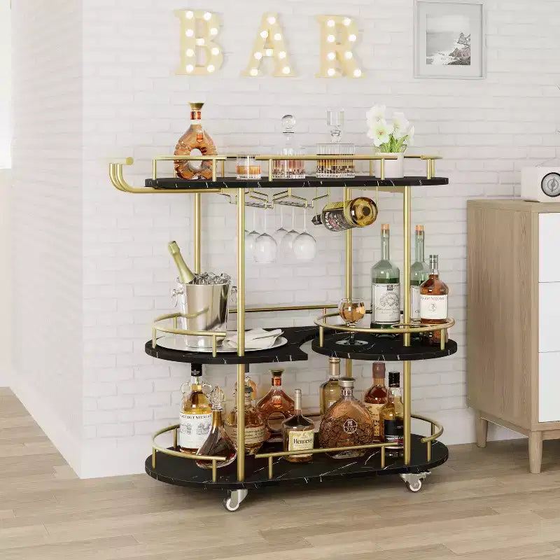 Dessertes de bar avec étagères de rangement à 4 niveaux, chariots de service de bar mobiles sur roulettes avec porte-bouteilles et porte-verres pour cuisine, salle à manger, salon.