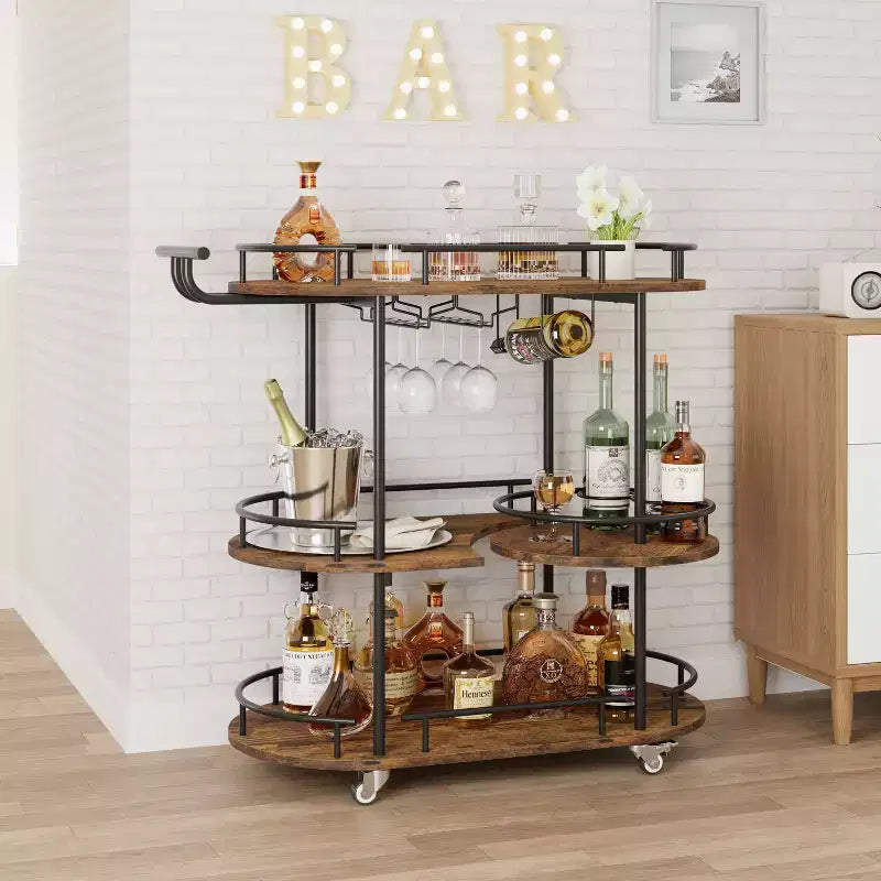 Dessertes de bar avec étagères de rangement à 4 niveaux, chariots de service de bar mobiles sur roulettes avec porte-bouteilles et porte-verres pour cuisine, salle à manger, salon.