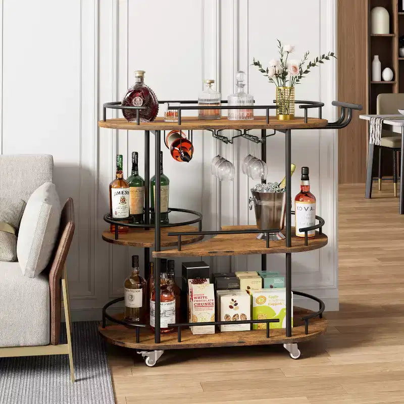 Bar Carts with 4-Tiers Storage Shelves, Mobile Bar Seving Carts On Wheels with Wine Rack and Glass Holder for Kitchen, Dining Room, Living Room