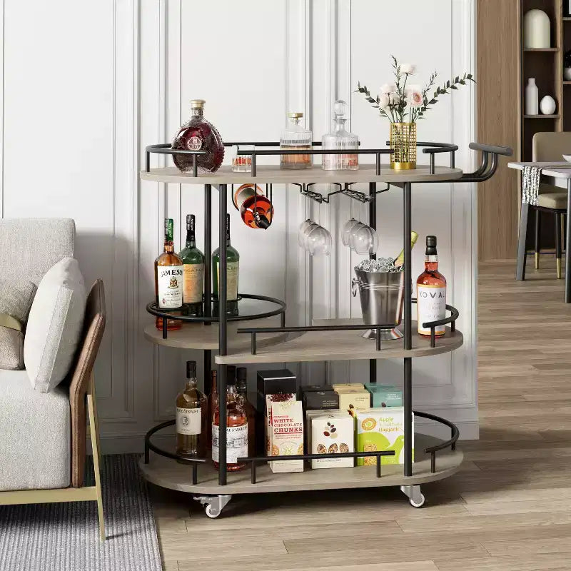 Dessertes de bar avec étagères de rangement à 4 niveaux, chariots de service de bar mobiles sur roulettes avec porte-bouteilles et porte-verres pour cuisine, salle à manger, salon.