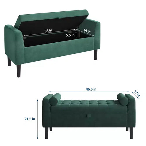 Banc de rangement ottoman de 118,1 cm, coffre de rangement de bout de lit rembourré avec accoudoirs roulés et pieds en bois, banc à chaussures d'entrée et repose-pieds pour couloir
