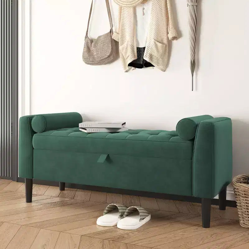 Banc de rangement ottoman de 118,1 cm, coffre de rangement de bout de lit rembourré avec accoudoirs roulés et pieds en bois, banc à chaussures d'entrée et repose-pieds pour couloir