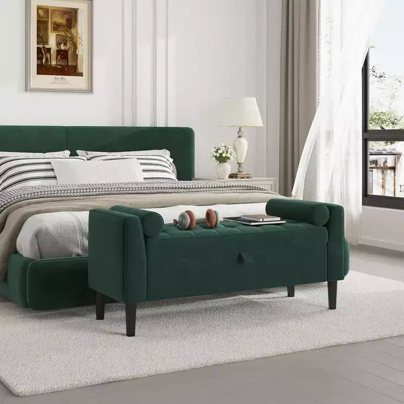 Banc de rangement ottoman de 118,1 cm, coffre de rangement de bout de lit rembourré avec accoudoirs roulés et pieds en bois, banc à chaussures d'entrée et repose-pieds pour couloir