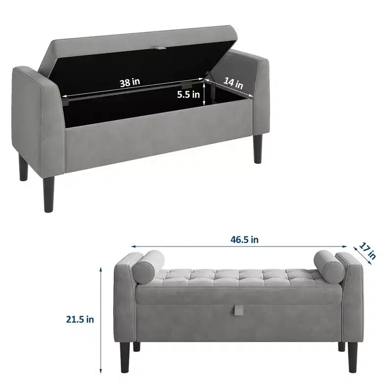 Banc de rangement ottoman de 118,1 cm, coffre de rangement de bout de lit rembourré avec accoudoirs roulés et pieds en bois, banc à chaussures d'entrée et repose-pieds pour couloir