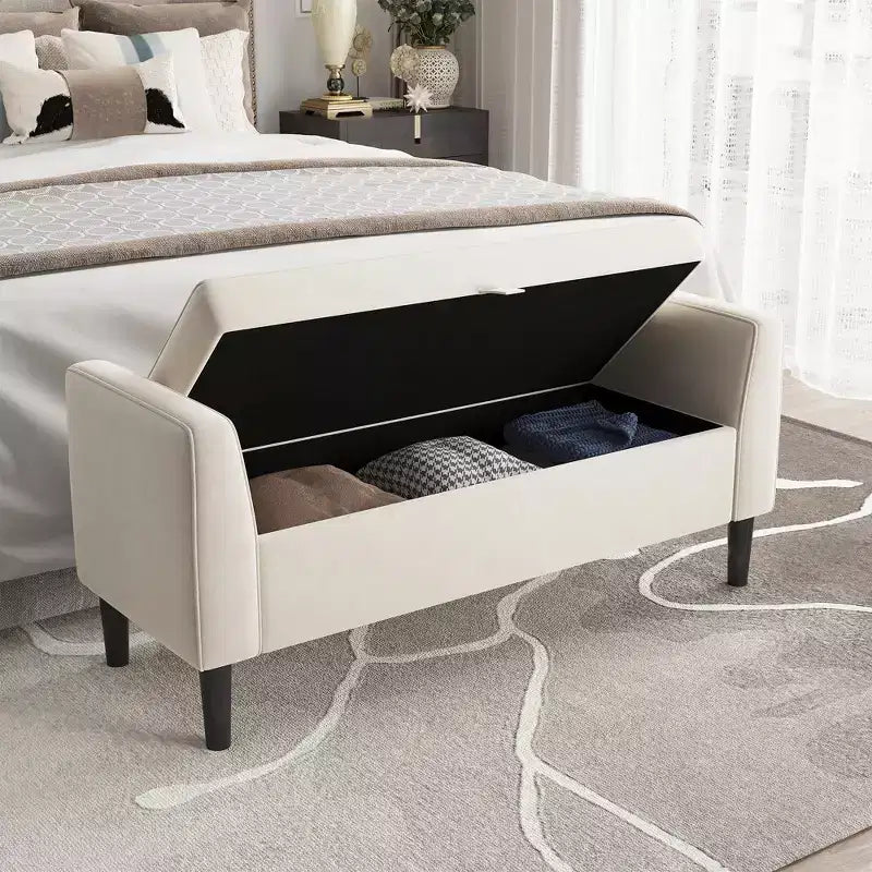 Banc de rangement ottoman de 118,1 cm, coffre de rangement de bout de lit rembourré avec accoudoirs roulés et pieds en bois, banc à chaussures d'entrée et repose-pieds pour couloir