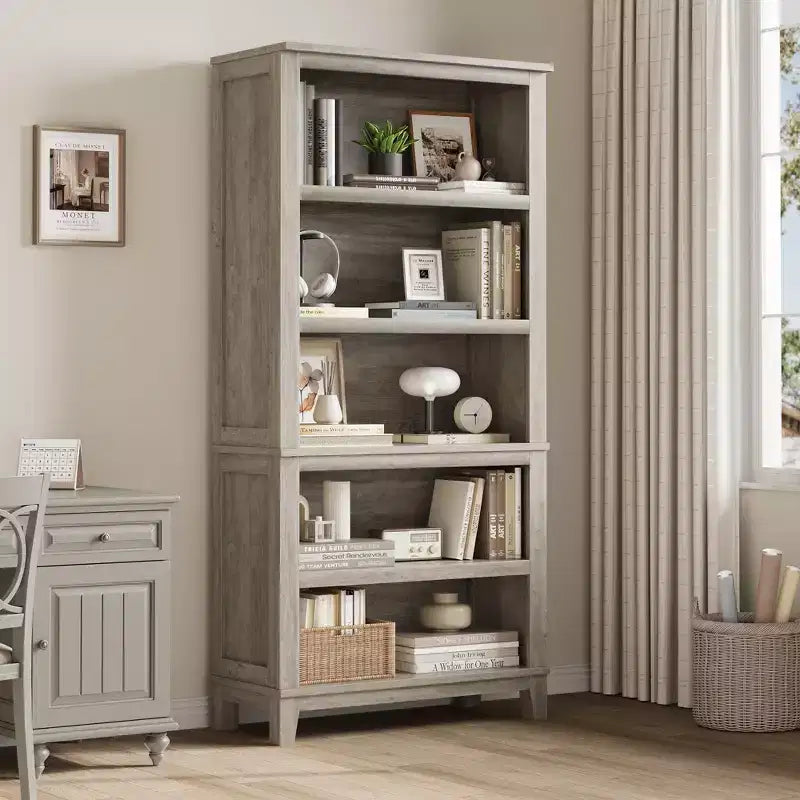Lot de 2 bibliothèques hautes modernes à 5 niveaux Étagères étroites avec tablettes réglables et pieds en bois Rangement de bureau style ferme