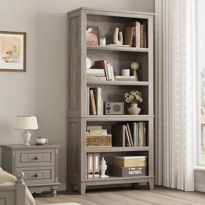 Lot de 2 bibliothèques hautes modernes à 5 niveaux Étagères étroites avec tablettes réglables et pieds en bois Rangement de bureau style ferme