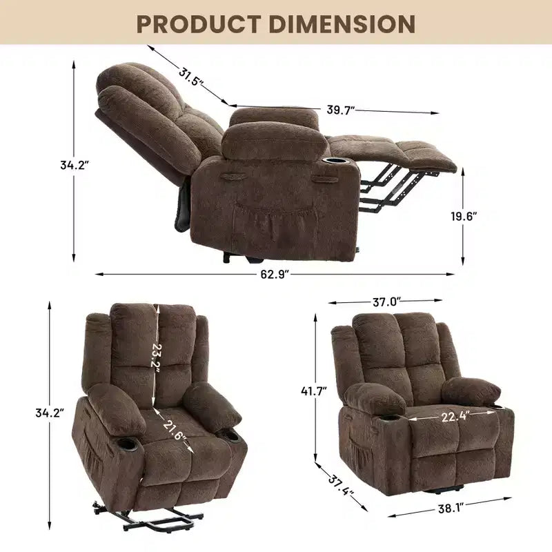 Fauteuil inclinable releveur surdimensionné, aide à la station debout, 2 porte-gobelets, pour salon