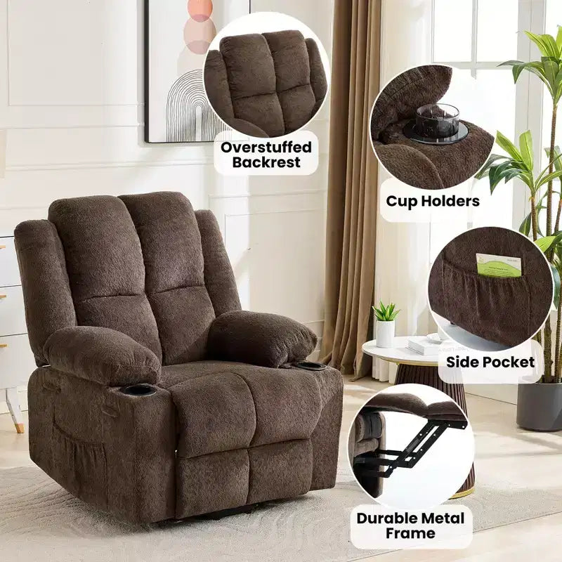 Fauteuil inclinable releveur surdimensionné, aide à la station debout, 2 porte-gobelets, pour salon