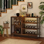 Coffee Bar Cabinet, 42/47 in Industrial Wine Cabinet with LED Lights & Power Outlets, Rustic Brown Wood with Glass Holders