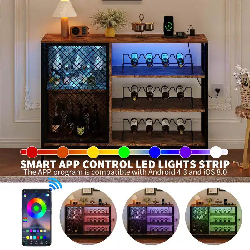 Meuble bar à café, meuble à vin industriel de 107/119 cm avec lumières LED et prises de courant, bois marron rustique avec supports à verres