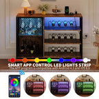 Meuble bar à café, meuble à vin industriel de 107/119 cm avec lumières LED et prises de courant, bois marron rustique avec supports à verres