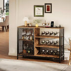 Meuble bar à café, meuble à vin industriel de 107/119 cm avec lumières LED et prises de courant, bois marron rustique avec supports à verres