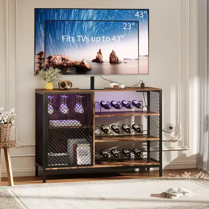 Meuble bar à café, meuble à vin industriel de 107/119 cm avec lumières LED et prises de courant, bois marron rustique avec supports à verres