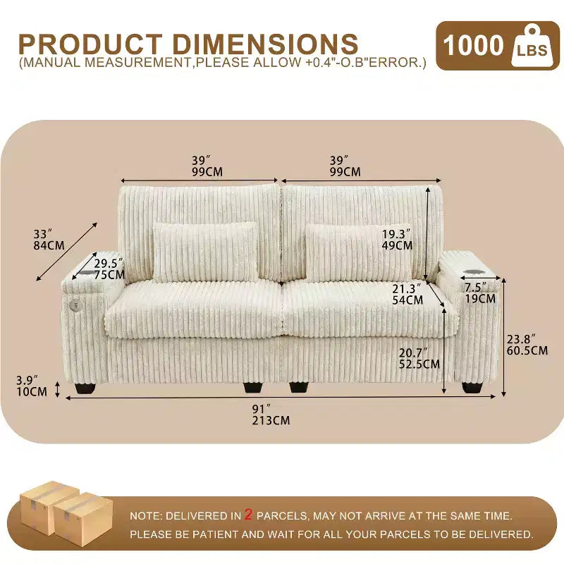 Canapé Vipbear double de style moderne de 91 pouces avec porte-gobelet de recharge et rangement d'accoudoir, en gros velours côtelé