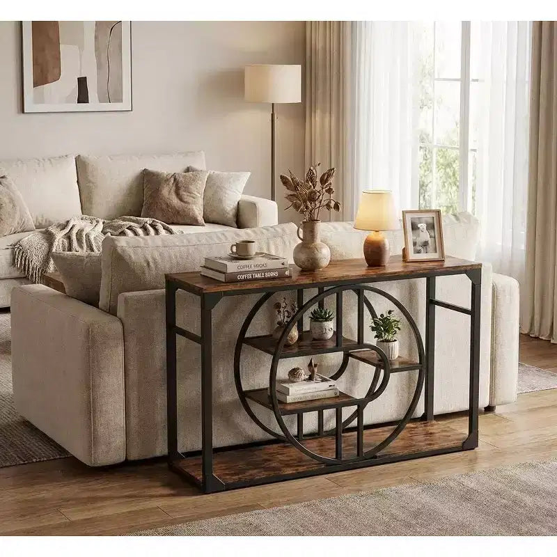 COZONY Table console en forme de O de 55" avec 5 niveaux de rangement, table de canapé étroite industrielle pour couloir, salon, foyer