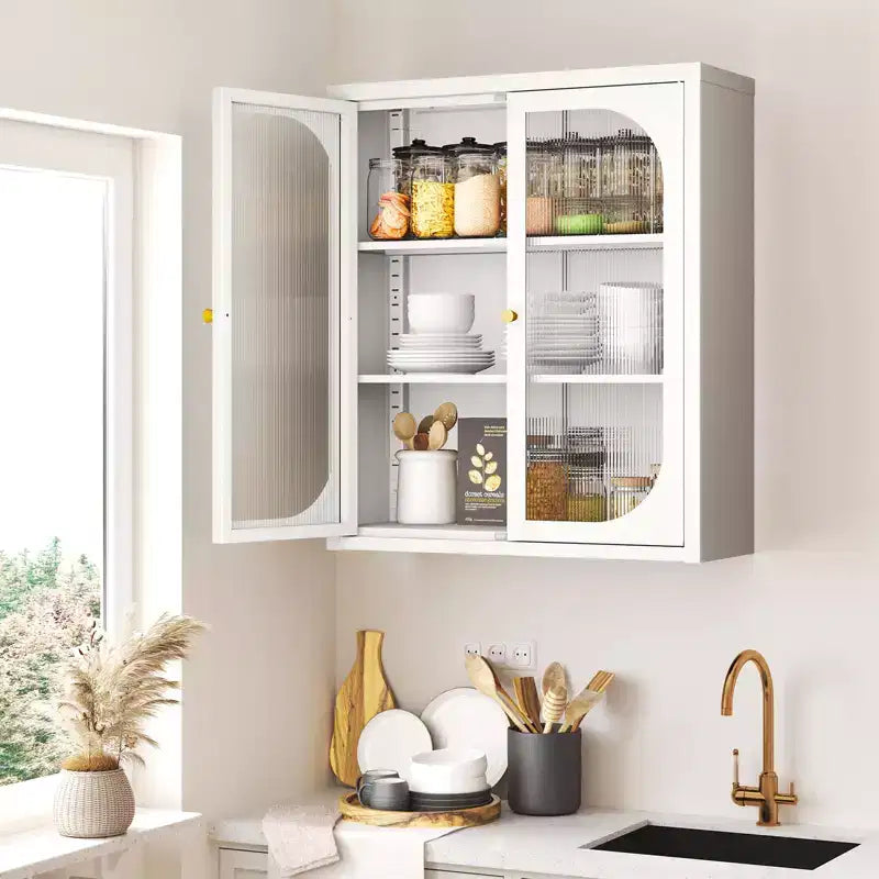 Meuble haut de salle de bain Bekrvio avec portes cannelées, étagères réglables, meuble de rangement mural en métal avec portes en verre, à installer au-dessus des toilettes pour cuisine, buanderie