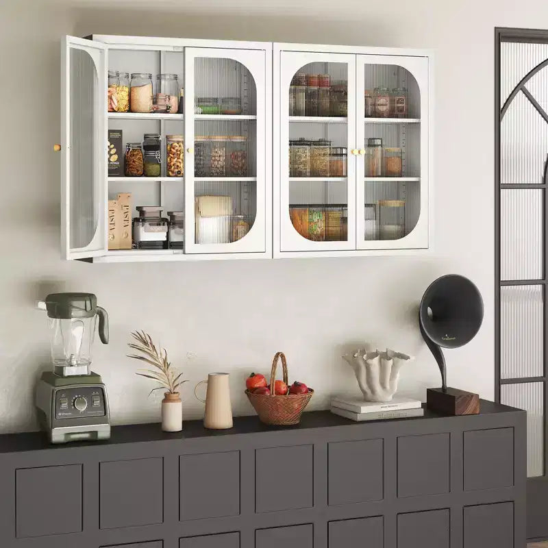 Meuble haut de salle de bain Bekrvio avec portes cannelées, étagères réglables, meuble de rangement mural en métal avec portes en verre, à installer au-dessus des toilettes pour cuisine, buanderie