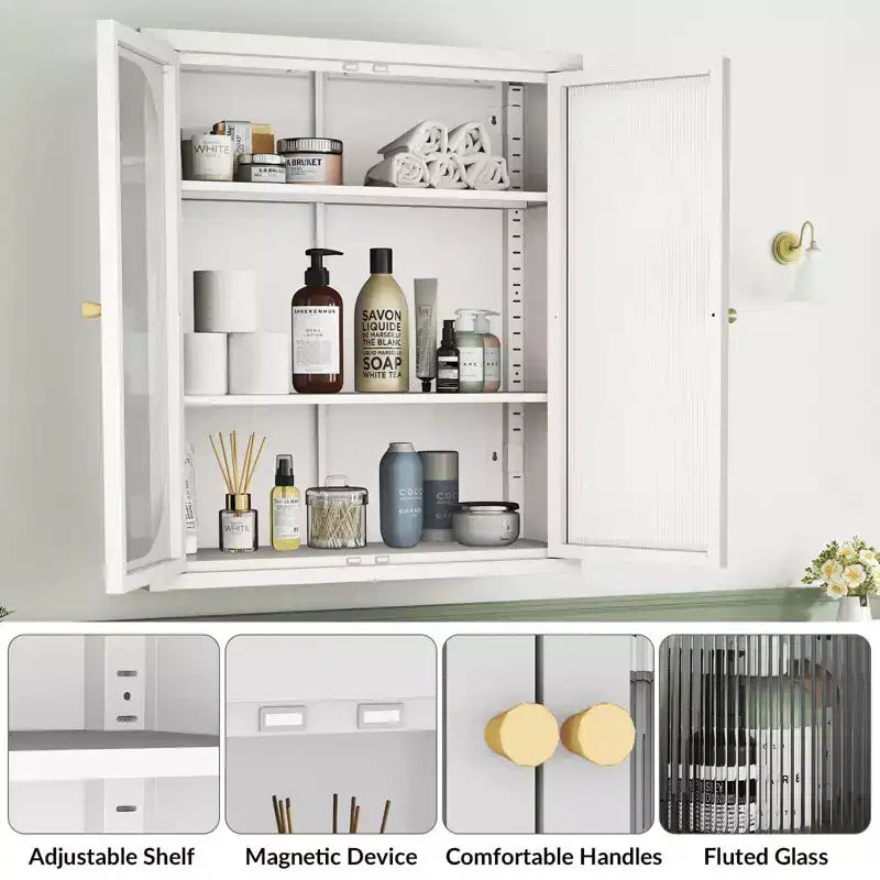 Meuble haut de salle de bain Bekrvio avec portes cannelées, étagères réglables, meuble de rangement mural en métal avec portes en verre, à installer au-dessus des toilettes pour cuisine, buanderie
