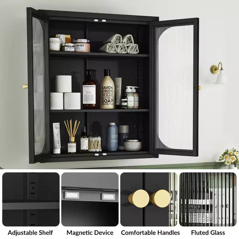 Meuble haut de salle de bain Bekrvio avec portes cannelées, étagères réglables, meuble de rangement mural en métal avec portes en verre, à installer au-dessus des toilettes pour cuisine, buanderie