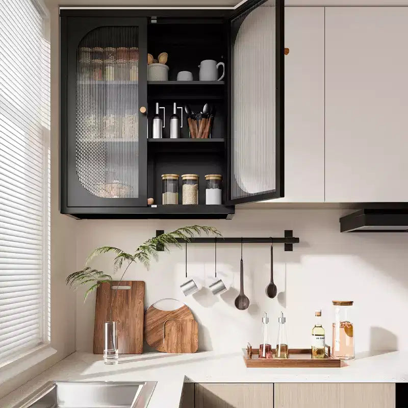 Meuble haut de salle de bain Bekrvio avec portes cannelées, étagères réglables, meuble de rangement mural en métal avec portes en verre, à installer au-dessus des toilettes pour cuisine, buanderie