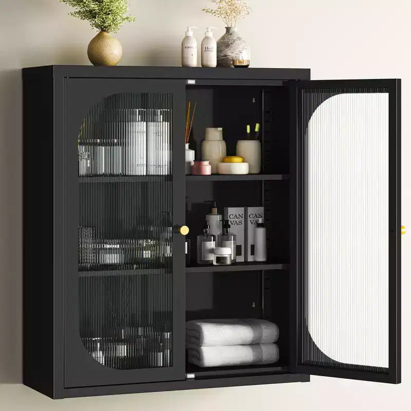 Bekrvio Bathroom Wall Mounted Cabinet with Fluted Doors, Adjustable Shelves Metal Over Toilet Glass Storage Cabinet for Kitchen, Laundry Room