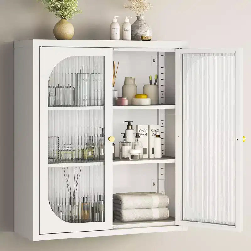Meuble haut de salle de bain Bekrvio avec portes cannelées, étagères réglables, meuble de rangement mural en métal avec portes en verre, à installer au-dessus des toilettes pour cuisine, buanderie