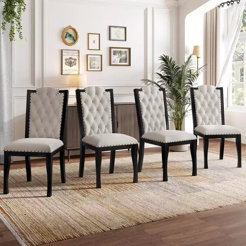 GDFStudio Ziegler Upholstered Dining Chairs with High Back Diamond Button Tufted and Solid Wood Legs (Set of 4)