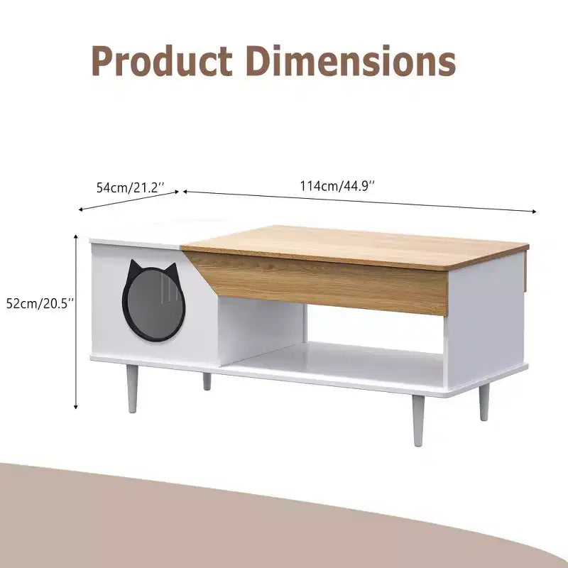 Table basse niche pour chat avec rangement, table centrale moderne style ferme 2 en 1 et condo pour chat pour salon