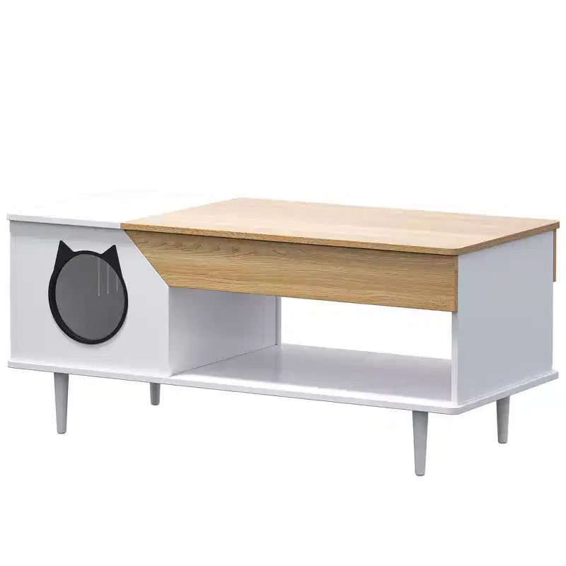 Table basse niche pour chat avec rangement, table centrale moderne style ferme 2 en 1 et condo pour chat pour salon