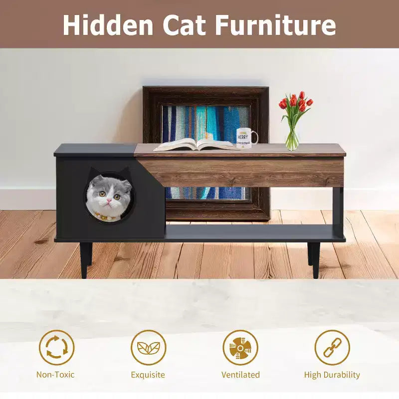 Table basse niche pour chat avec rangement, table centrale moderne style ferme 2 en 1 et condo pour chat pour salon