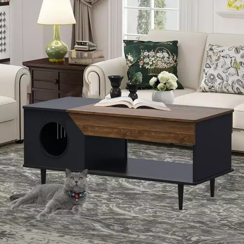 Table basse niche pour chat avec rangement, table centrale moderne style ferme 2 en 1 et condo pour chat pour salon