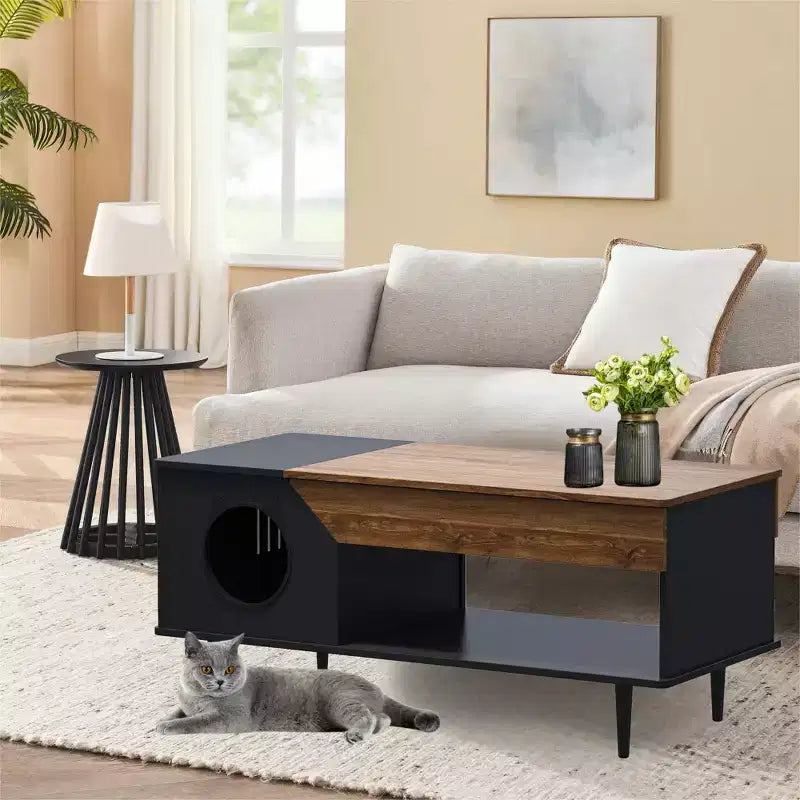Table basse niche pour chat avec rangement, table centrale moderne style ferme 2 en 1 et condo pour chat pour salon