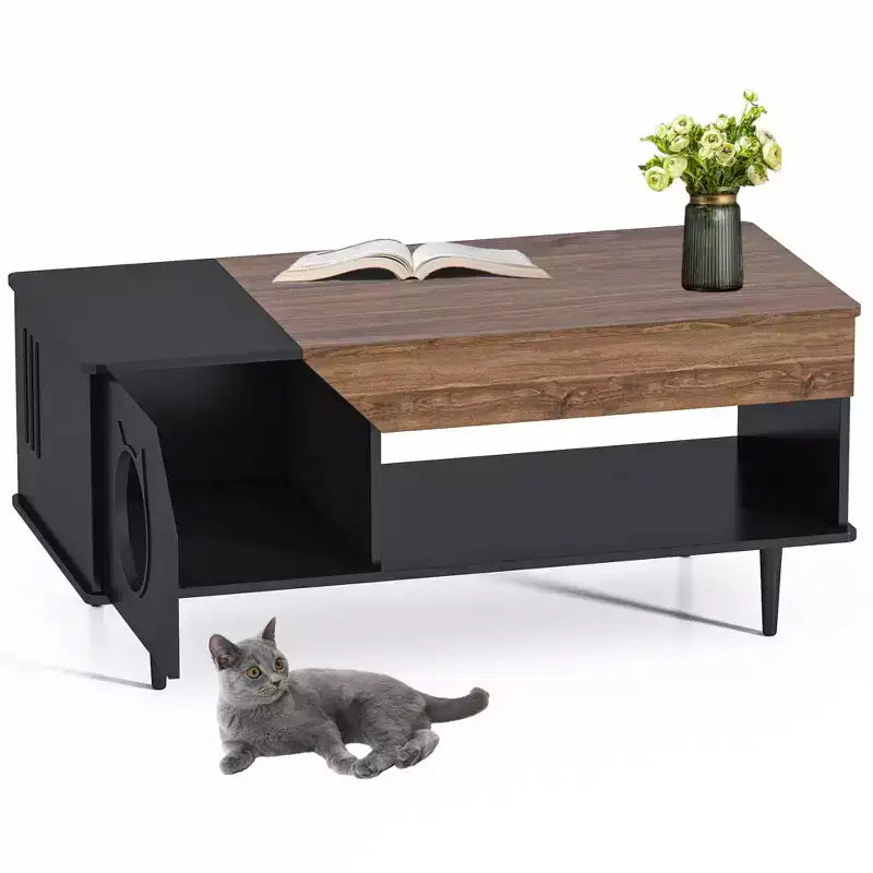 Table basse niche pour chat avec rangement, table centrale moderne style ferme 2 en 1 et condo pour chat pour salon