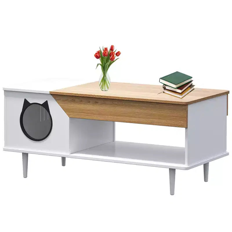 Table basse niche pour chat avec rangement, table centrale moderne style ferme 2 en 1 et condo pour chat pour salon