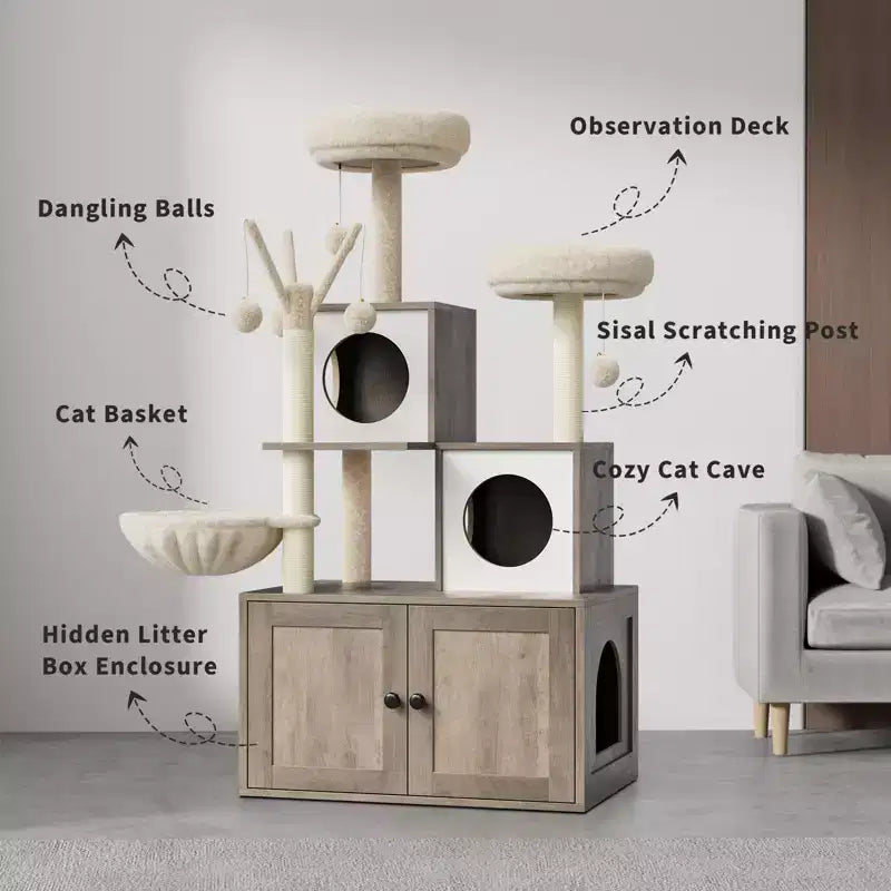 Meuble cache-litière pour chat en bois à plusieurs niveaux avec poteau à griffer et grotte pour chat, Meuble cache-litière pour chat avec poteau à griffer en sisal, Coin douillet