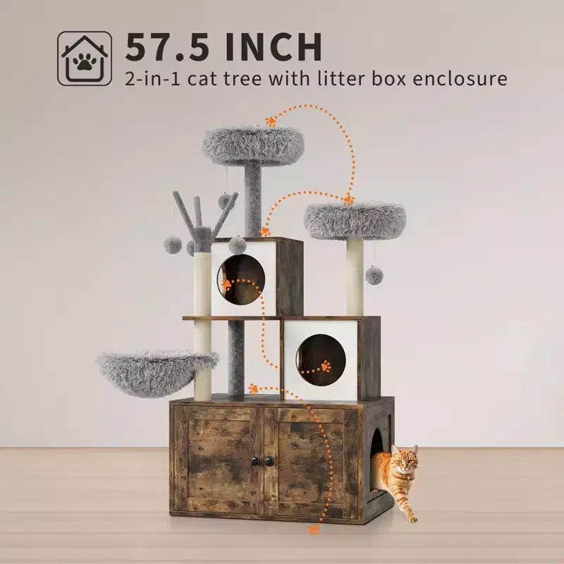 Meuble cache-litière pour chat en bois à plusieurs niveaux avec poteau à griffer et grotte pour chat, Meuble cache-litière pour chat avec poteau à griffer en sisal, Coin douillet