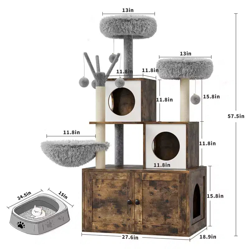 Meuble cache-litière pour chat en bois à plusieurs niveaux avec poteau à griffer et grotte pour chat, Meuble cache-litière pour chat avec poteau à griffer en sisal, Coin douillet