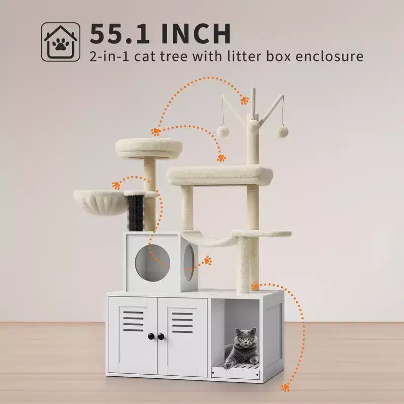 Meuble cache-litière pour chat en bois à plusieurs niveaux avec poteau à griffer et grotte pour chat, Meuble cache-litière pour chat avec poteau à griffer en sisal, Coin douillet