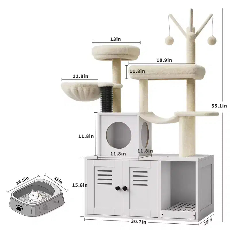 Meuble cache-litière pour chat en bois à plusieurs niveaux avec poteau à griffer et grotte pour chat, Meuble cache-litière pour chat avec poteau à griffer en sisal, Coin douillet