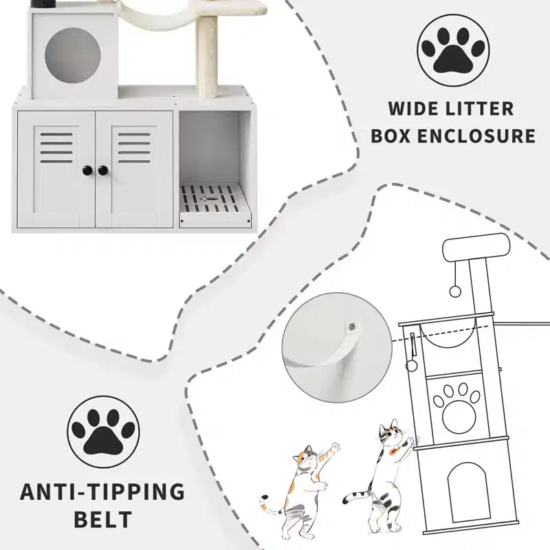 Meuble cache-litière pour chat en bois à plusieurs niveaux avec poteau à griffer et grotte pour chat, Meuble cache-litière pour chat avec poteau à griffer en sisal, Coin douillet