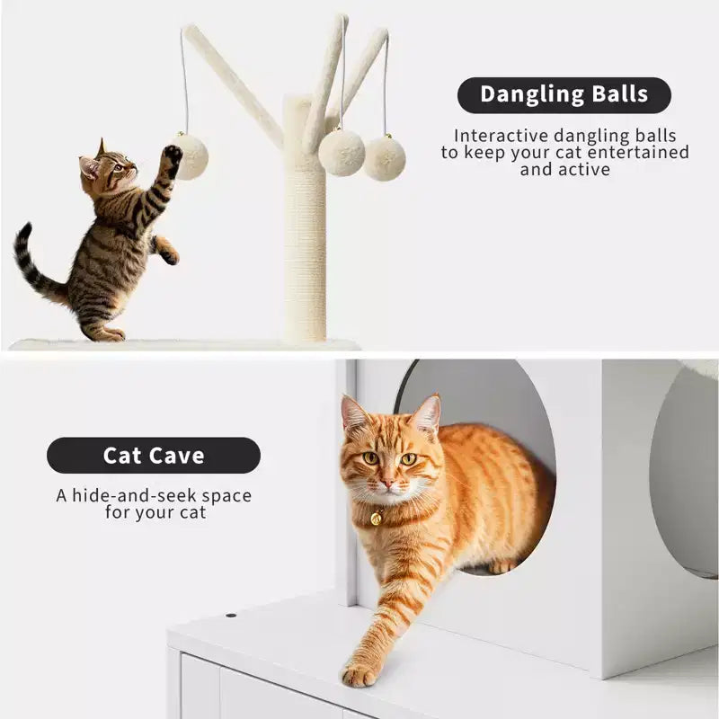 Meuble cache-litière pour chat en bois à plusieurs niveaux avec poteau à griffer et grotte pour chat, Meuble cache-litière pour chat avec poteau à griffer en sisal, Coin douillet