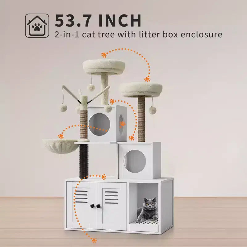 Meuble cache-litière pour chat en bois à plusieurs niveaux avec poteau à griffer et grotte pour chat, Meuble cache-litière pour chat avec poteau à griffer en sisal, Coin douillet