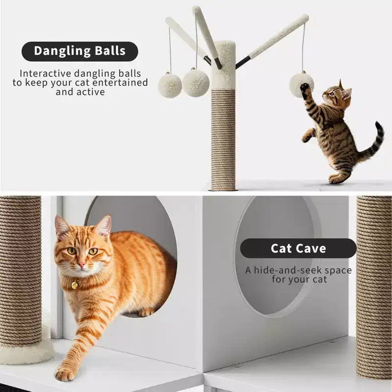 Meuble cache-litière pour chat en bois à plusieurs niveaux avec poteau à griffer et grotte pour chat, Meuble cache-litière pour chat avec poteau à griffer en sisal, Coin douillet