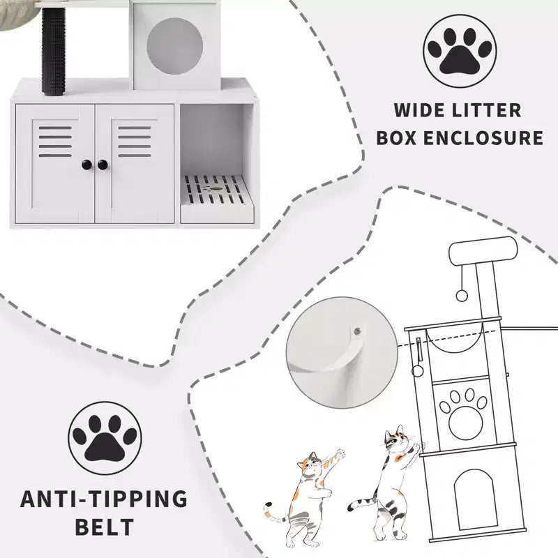 Meuble cache-litière pour chat en bois à plusieurs niveaux avec poteau à griffer et grotte pour chat, Meuble cache-litière pour chat avec poteau à griffer en sisal, Coin douillet