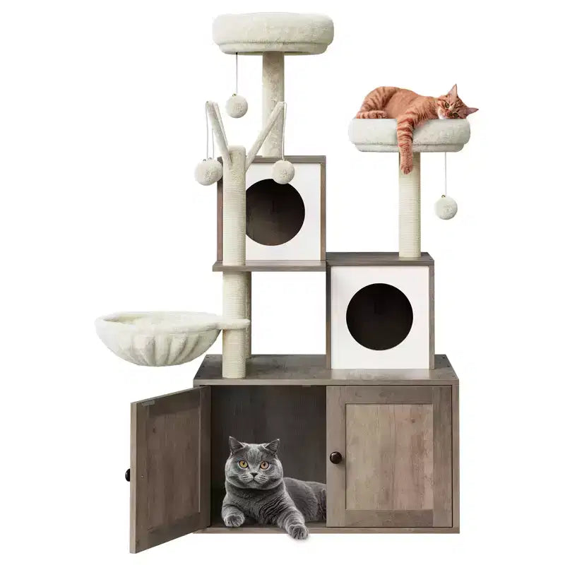 Meuble cache-litière pour chat en bois à plusieurs niveaux avec poteau à griffer et grotte pour chat, Meuble cache-litière pour chat avec poteau à griffer en sisal, Coin douillet