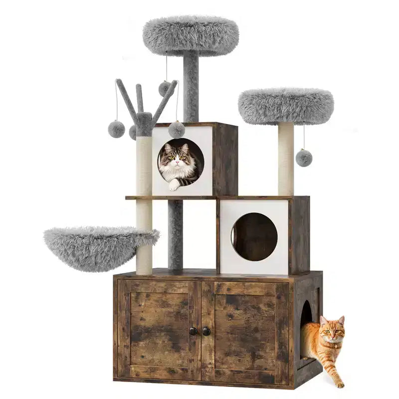 Meuble cache-litière pour chat en bois à plusieurs niveaux avec poteau à griffer et grotte pour chat, Meuble cache-litière pour chat avec poteau à griffer en sisal, Coin douillet