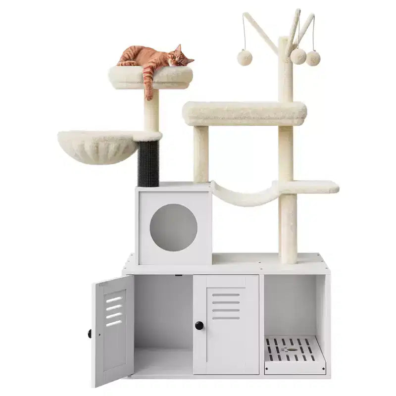 Meuble cache-litière pour chat en bois à plusieurs niveaux avec poteau à griffer et grotte pour chat, Meuble cache-litière pour chat avec poteau à griffer en sisal, Coin douillet