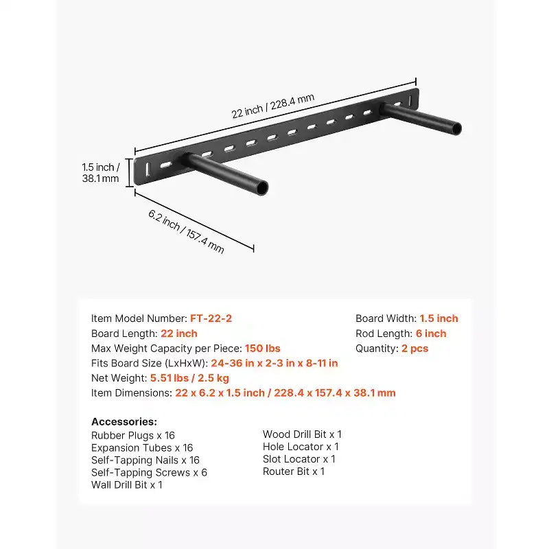 Supports d'étagère flottants VEVOR 2 pièces, capacité de charge de 68 kg, 558,4x157,4x38,1 mm, dissimulés robustes, montage mural, noirs