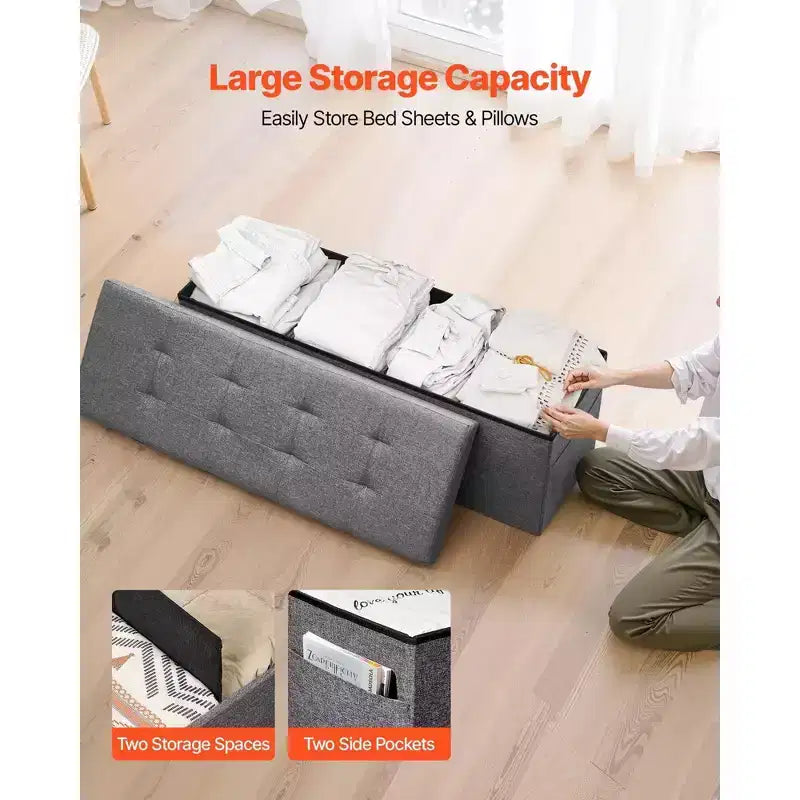 VIYET 45 Pouf de rangement pliant gris, banc en lin 300 kg avec poches latérales pour chambre/entrée/salon